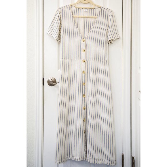 Old Navy Ivory Linen Blend Midi Shirtdress with Blue Pinstripe, size M - Picture 1 of 8